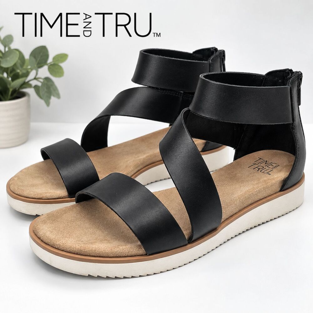 Time and Tru Comfort Sandals Womens 8 Black Strappy Zip Ankle Platform Shoes